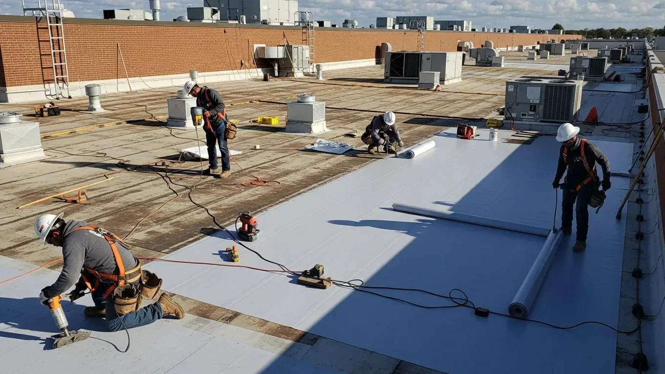 Crew repairing membrane seams on a flat roof