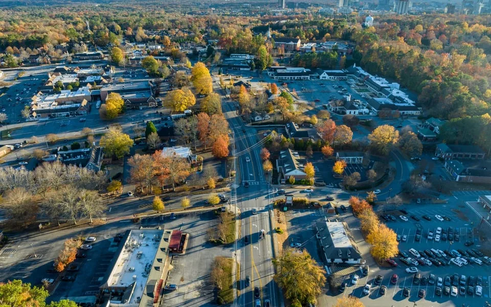 Aerial view of commercial roofs in North Fulton